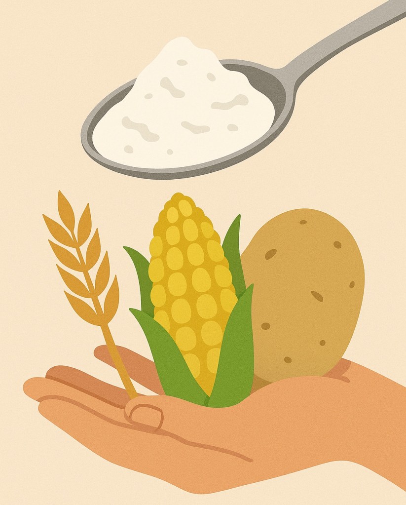Illustration of a hand holding corn, wheat, and potato with a spoonful of white powder above, representing sources of modified starches