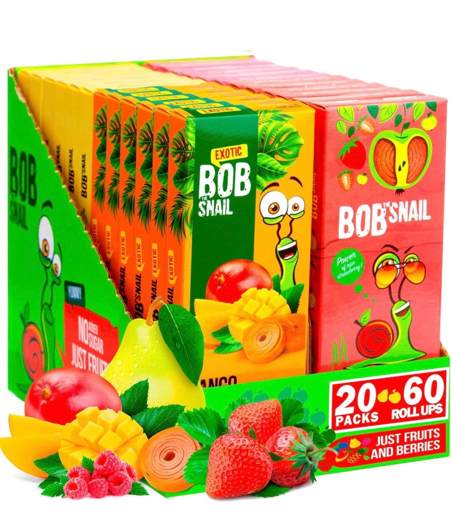 BOB SNAIL Fruit Strips – colorful boxes of rolled fruit snacks made from 100% fruit puree with no added sugar, artificial colors, or preservatives. Fun and kid-friendly snack.