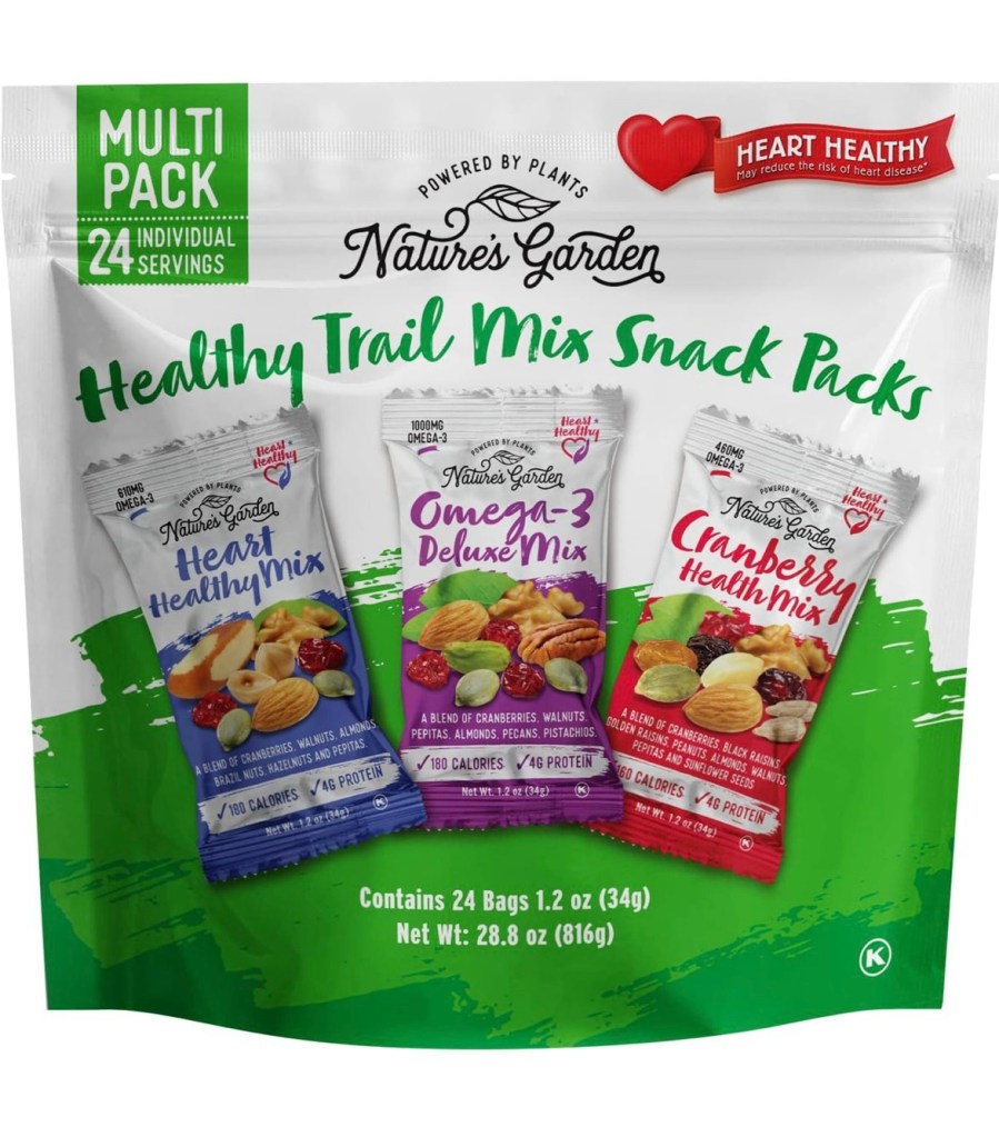 Nature’s Garden Healthy Trail Mix – individual snack packs with blends of dried fruits, nuts, and seeds, heart-healthy and free from artificial preservatives or added sugar.