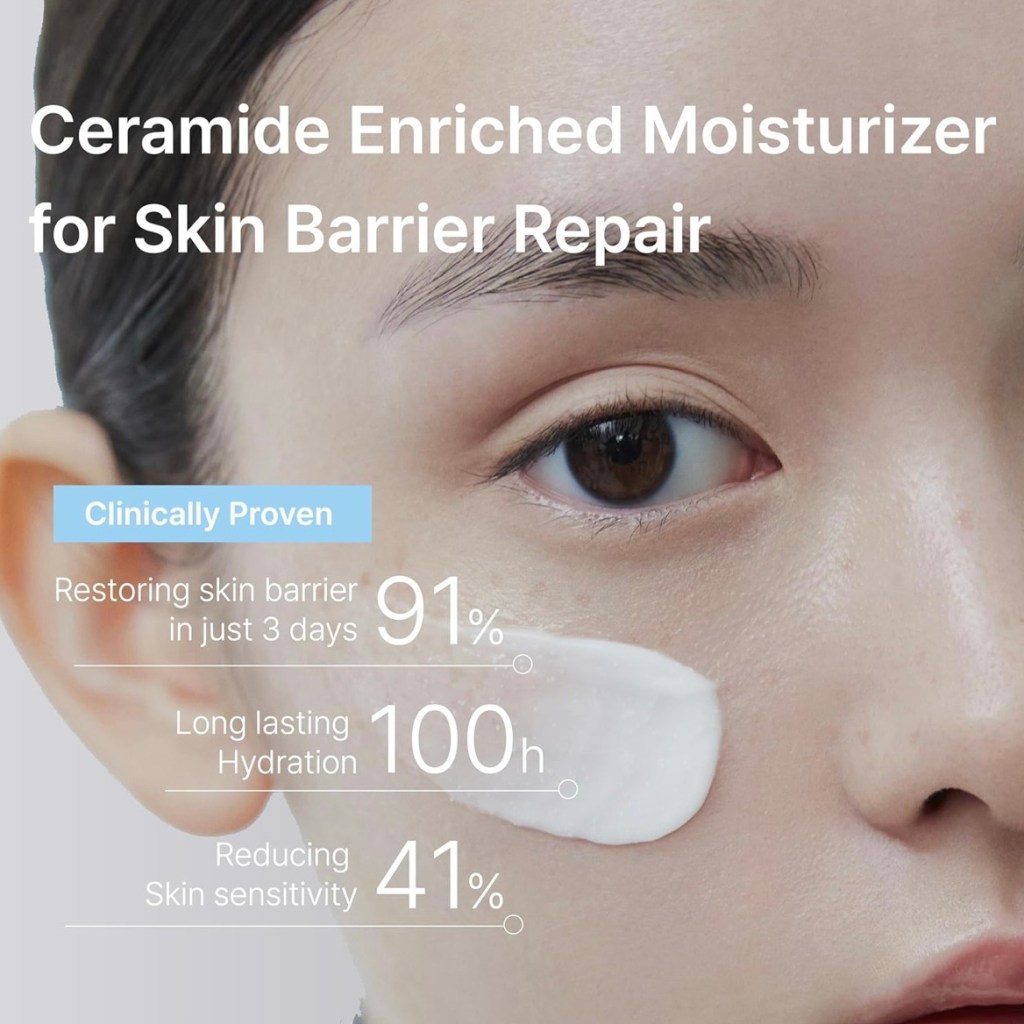 Close-up of a woman’s face with Illiyoon Ceramide Ato Concentrate Cream applied, showing clinical results: 91% barrier repair, 100 hours hydration, 41% reduced sensitivity.
