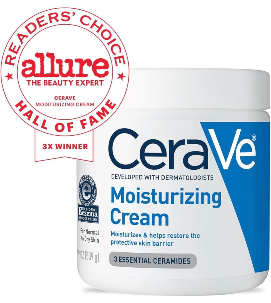 Jar of CeraVe Moisturizing Cream with Allure Readers’ Choice Hall of Fame badge and National Eczema Association seal.