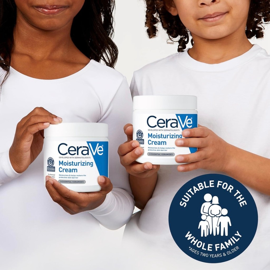 Two children holding CeraVe Moisturizing Cream jars, labeled as suitable for the whole family ages two and older.