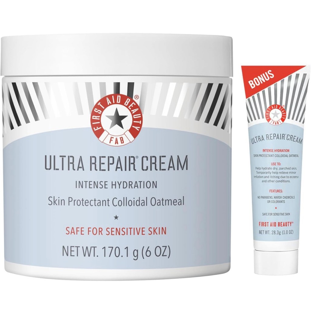 Container and tube of First Aid Beauty Ultra Repair Cream featuring colloidal oatmeal for intense hydration and sensitive skin care.